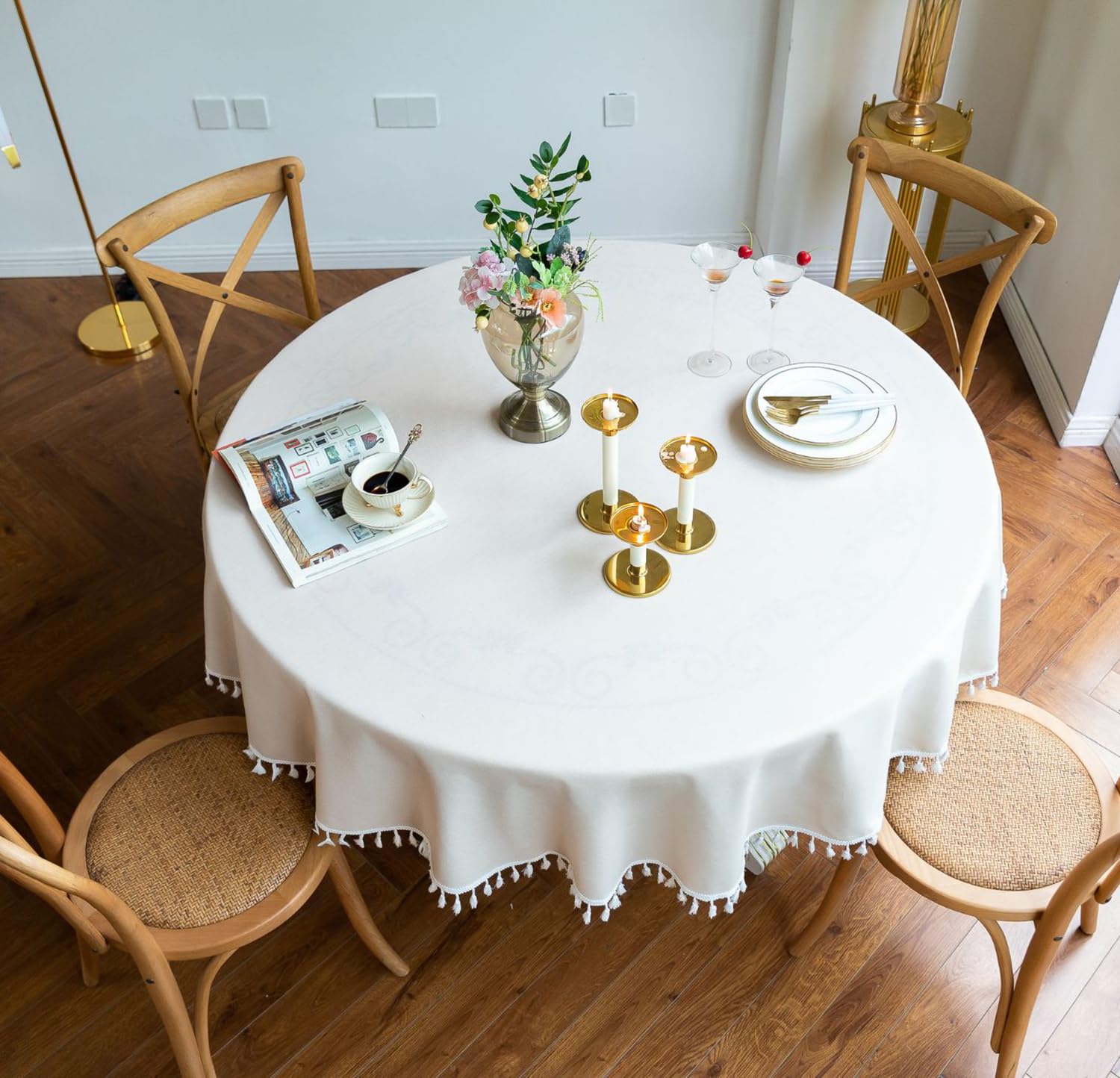 Mantel Redondo de algodón y Lino con Flecos, Beige Diámetro 220 cm, Apto para mesas Redondas de 150-170 cm de diámetro