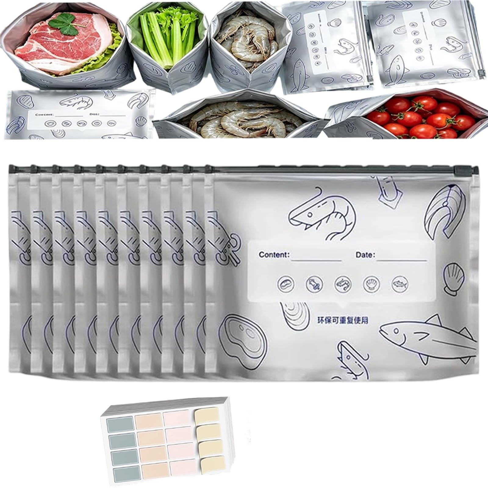 Reusable Aluminum Foil Sealable Storage Bags, Reusable Freezer Bags,Food Bags Zip Seal with Label for Frozen Meat Vegetables Sandwiches Snacks (1PC-10(l))