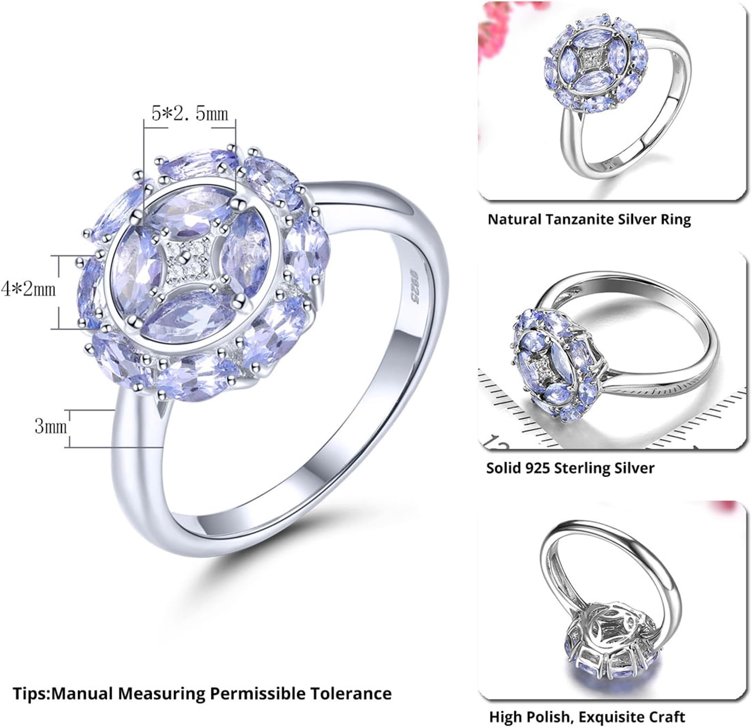 Statement Rings for Women S925 Sterling Silver Genuine Natural Gemstone Chrome Diopside Tanzanite Birthstone Promise Ring Classic Style Fine Jewelry