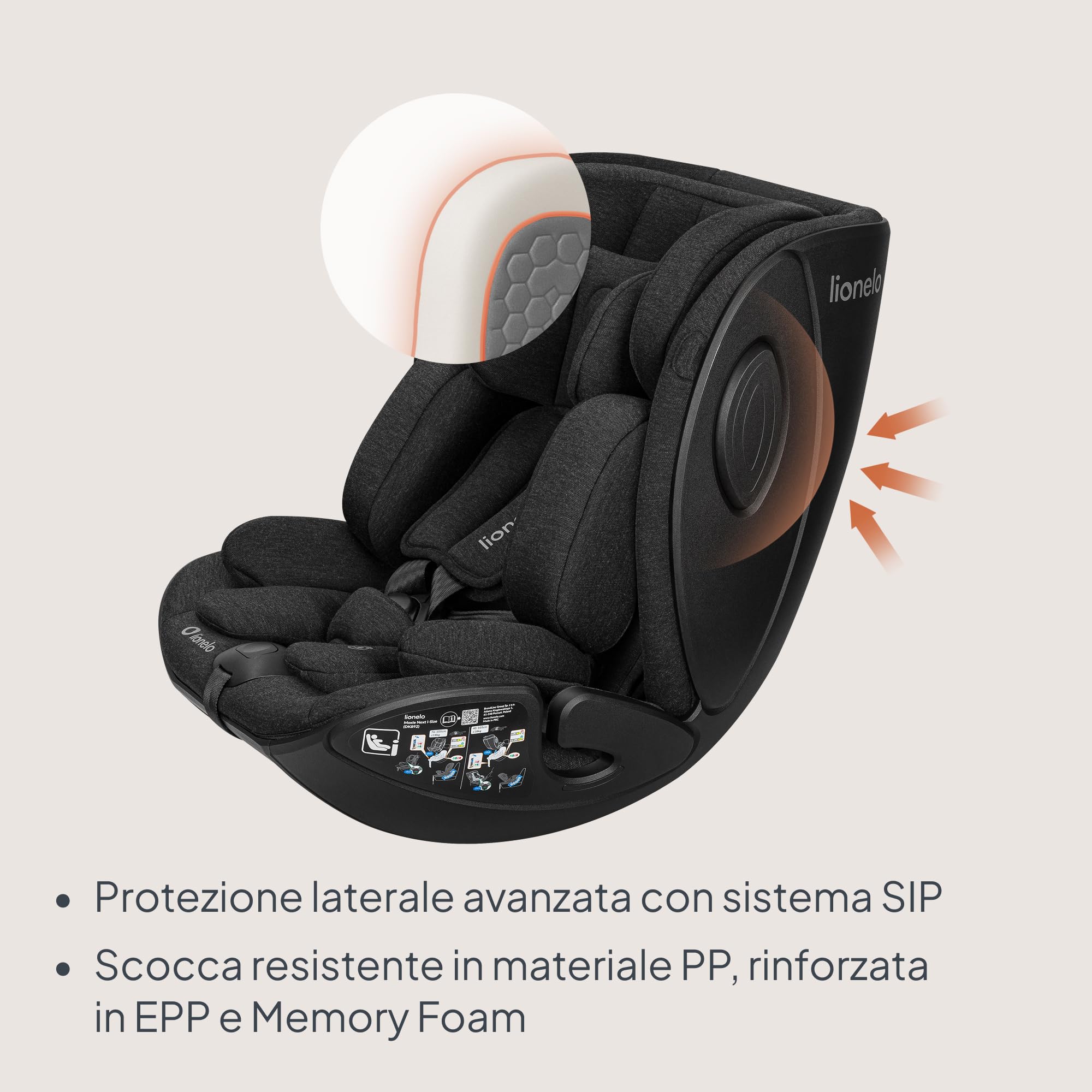 Lionelo Moxie Next i-Size Seggiolino Auto Girevole Ca. 0-4 Anni (40-105 Cm), 0-18 Kg, Installazione Su Base Girevole 360°, Protezione Laterale SIP, Regolazione Del Poggiatesta E Dell’inclinazione