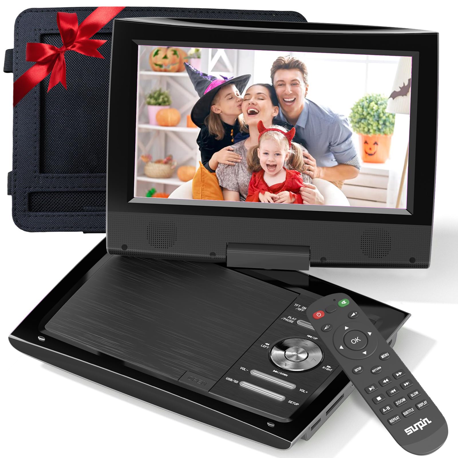 SUNPIN 11" Portable DVD Player for Car and Kids with 9.5 inch HD Swivel Screen, 5 Hour Rechargeable Battery, Dual Earphone Jack, Supports SD Card/USB/CD/DVD, with Extra Headrest Mount Case (Black)