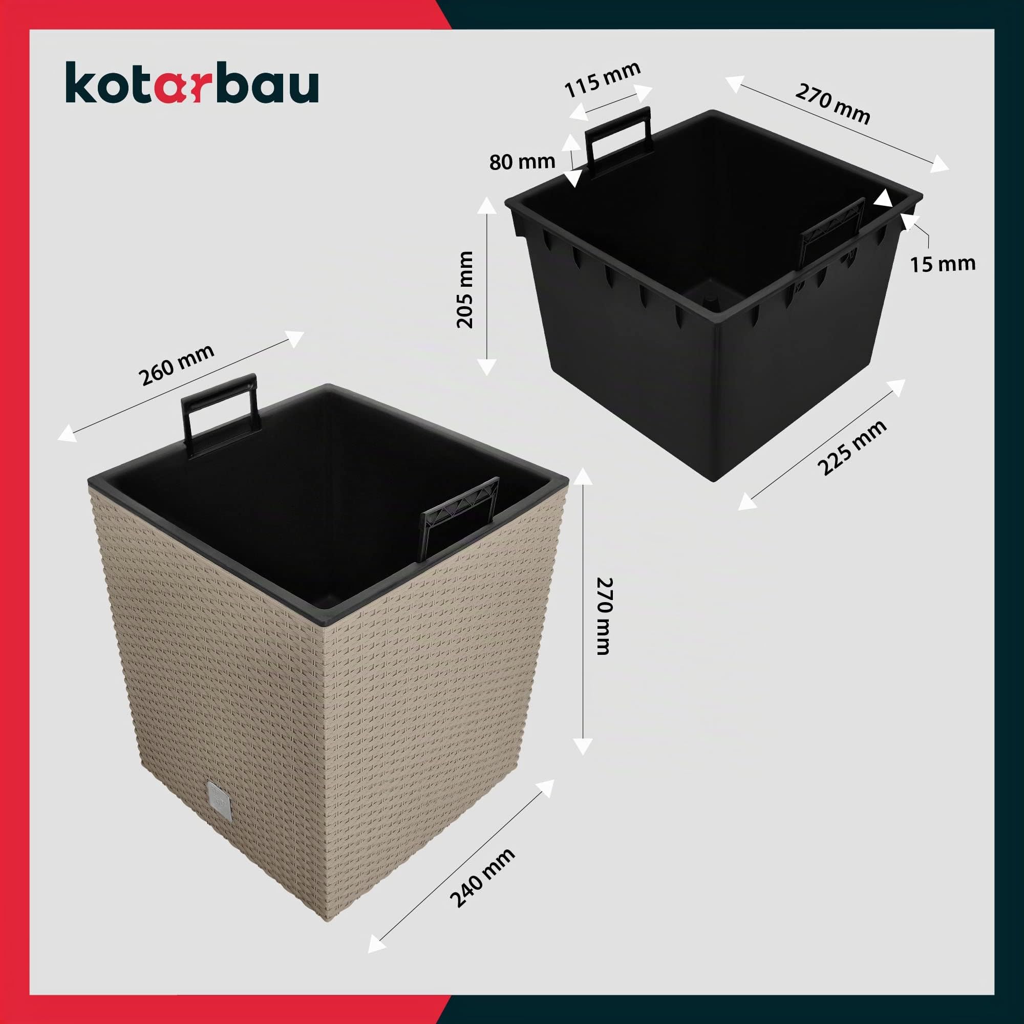 KOTARBAU® Set di 2 vasi da fiori 15,8 L Altezza: 27 cm Mocca. Vaso per piante in plastica con sottovaso. Set di vasi da fiori come in rattan. Adatto per interni ed esterni