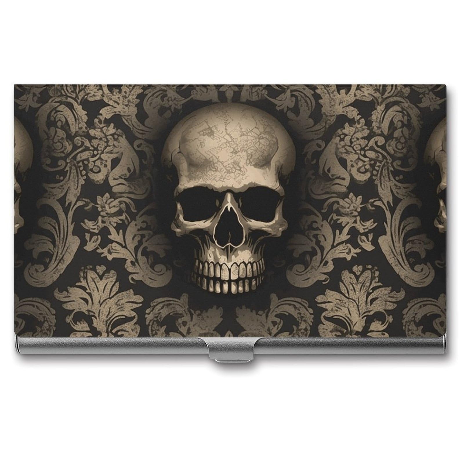 DWVTSLH Gothic Wallpaper Skull Business Card Holder, Slim Portable Metal Business Card Case Pocket Wallet Professional Name Cards Holder for 22-30 Cards, Credit Card ID Case/Holder for Men Women