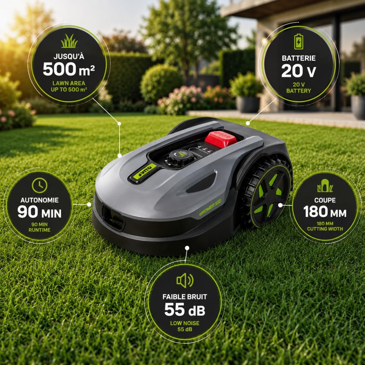 VITO EMOWER500 - Robot cortacésped conectado para jardín, 500 m² Max 20 V 2,5 Ah – Motor sin escobillas, silenciador 55 dB, autonomía de 90 minutos, corte aleatorio y programación/control vía App