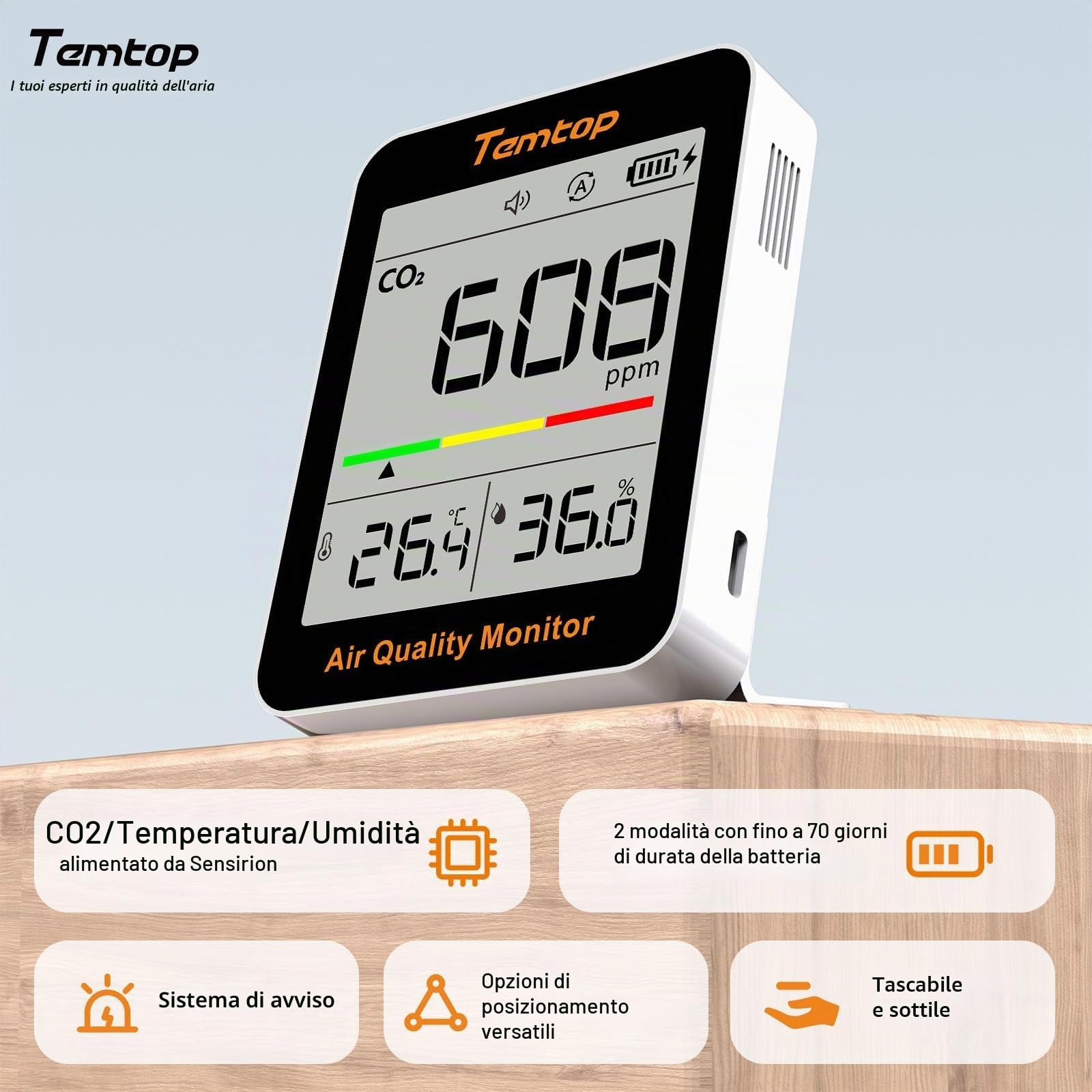 Temtop Rilevatore di CO2 Portatile C1, Misuratore di Qualità dell'Aria Interna con Sensore CO2 Termometro e Igrometro per Casa Ufficio Scuola