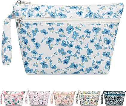 Flat Makeup Bag for Women Zipper Toiletry Travel Bag Floral Cosmetic Pouch