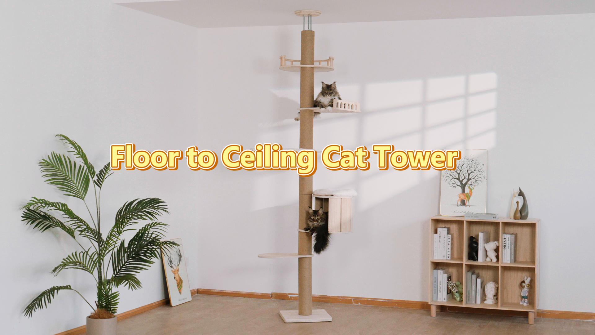Tall Floor to Ceiling Cat Tree for Large Cats, Cat Tower with Scratching Post, Adjustable Height(82-122 in), Large Condo Cave Bed and Hammock for Indoor Cats, Cat Climbing Pole, Wood - image 6