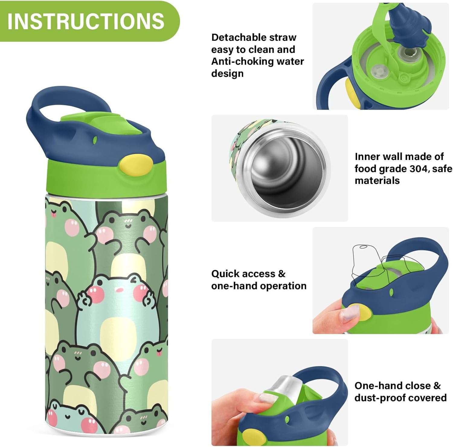 Cute Chubby Frog Kids Water Bottle, Insulated Stainless Steel Water Bottles with Straw Lid, 12 oz BPA-Free Leakproof Duck Mouth Tumbler for Boys Girls