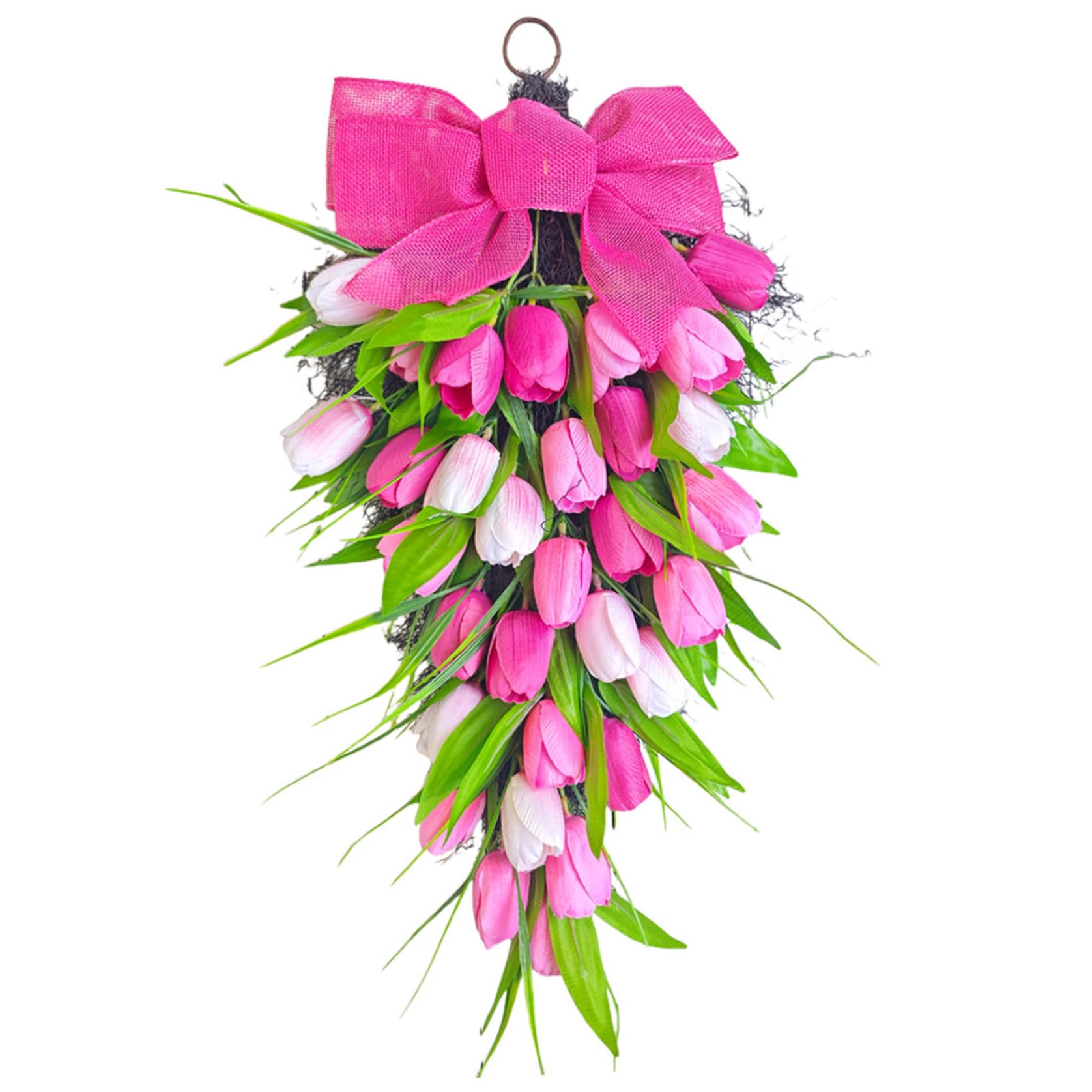 Neptuiby Teardrop Wreath, Artificial Flower Wreath with Bow, Elegant Tulips Spring Wreaths for Mothers Day Decorations Home Door Wall
