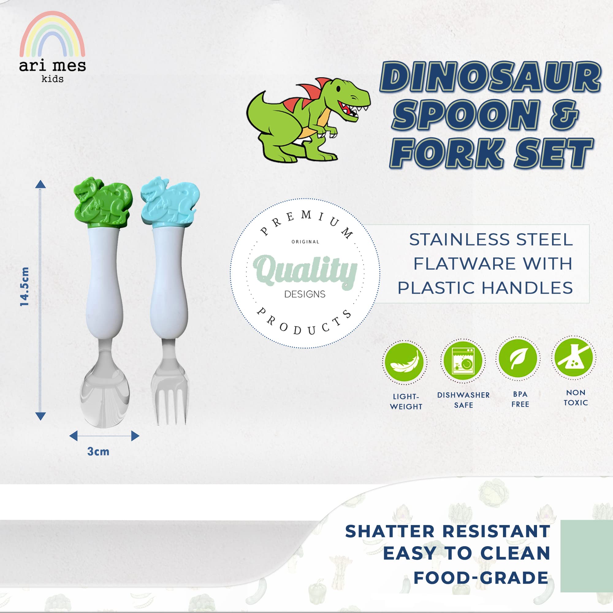 ARI MES - Toddler Utensils Set – Dinosaur Spoon and Fork Set for Toddlers – BPA-Free Dino Forks and Spoons for Kids – Easy-Grip Dinosaur Utensils for Toddlers – Kids Forks and Spoons – Fun Child Meal