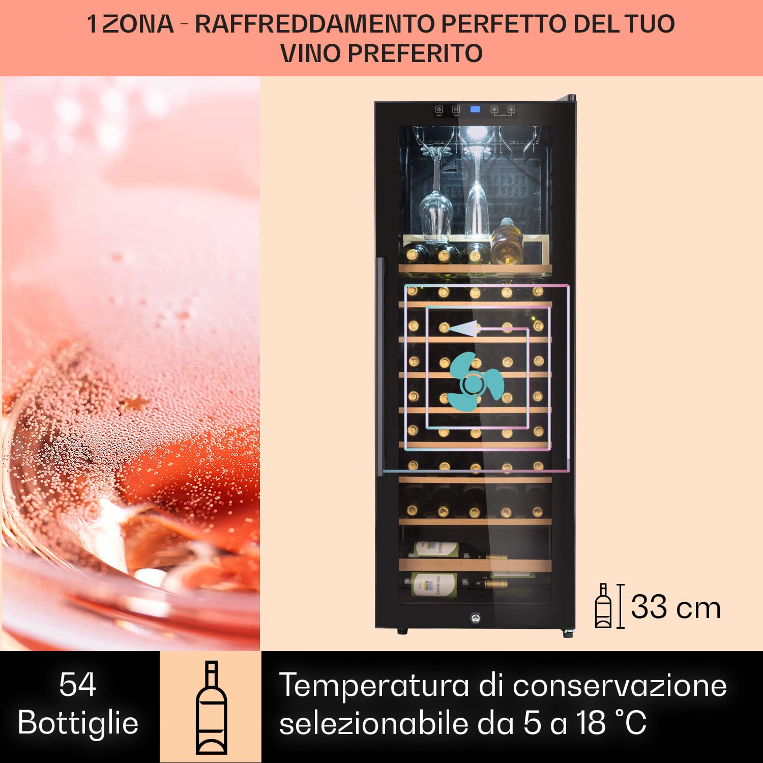 Klarstein Cantinetta Vino, Cantinetta Vino Refrigerata a Zona Singola per Interno/Esterni, Frigo Bar, Cantina Vino con Vetrina, Mini Bar con Protezione UV, Frigo Vino Touch, 4-18°C, 54 Bottiglie