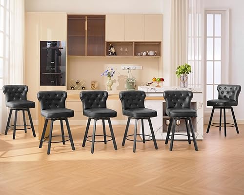 Miniatura 21 de Taburetes de bar de altura de mostrador, taburetes retro para cocina, taburete de bar giratorio con base de metal ajustable, taburete de cuero Negro