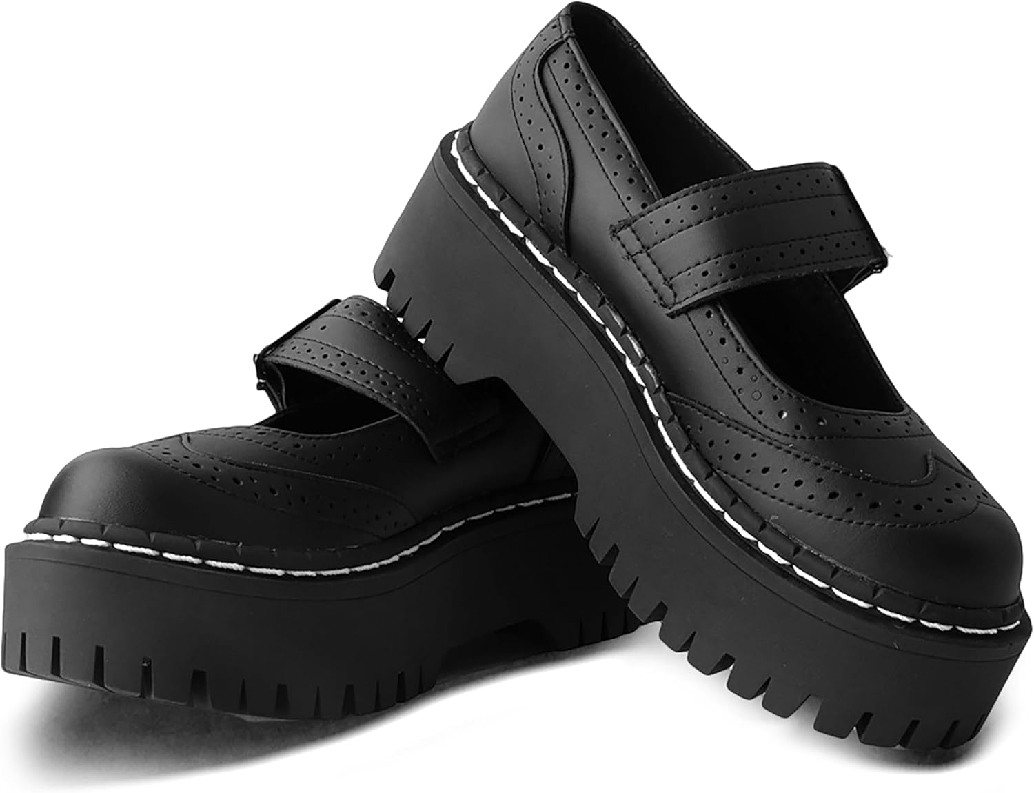 T.U.K. Black TUKskin™ Double Decker Mary Jane Shoes for Women, Round Toe Ankle Strap Platform Chunky Heel