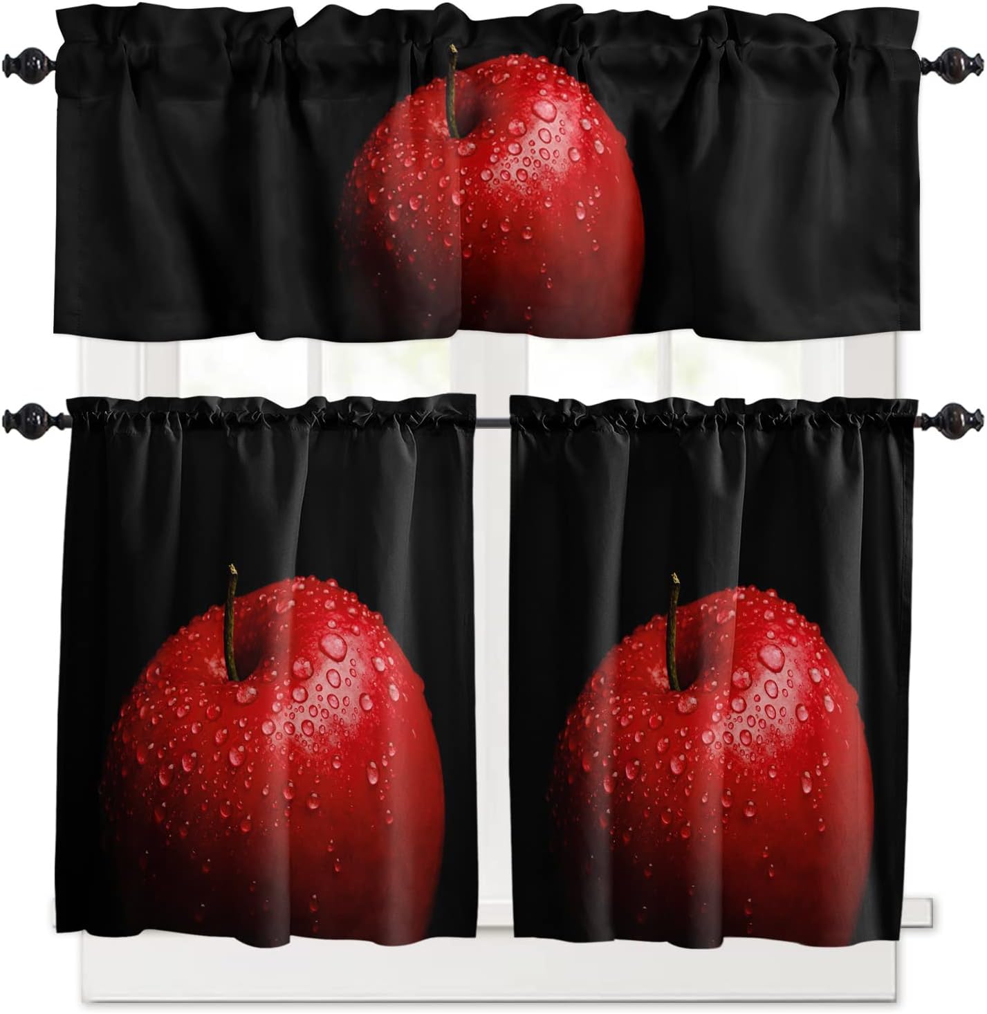 Vandarllin Kitchen Curtains and Valances Set, Red Apples with Water Drops Window Treatments Tiers Black Background Semi Sheer Half/Short Curtains for Small Windows Cafe/Living Room/Bedroom 54x24 in