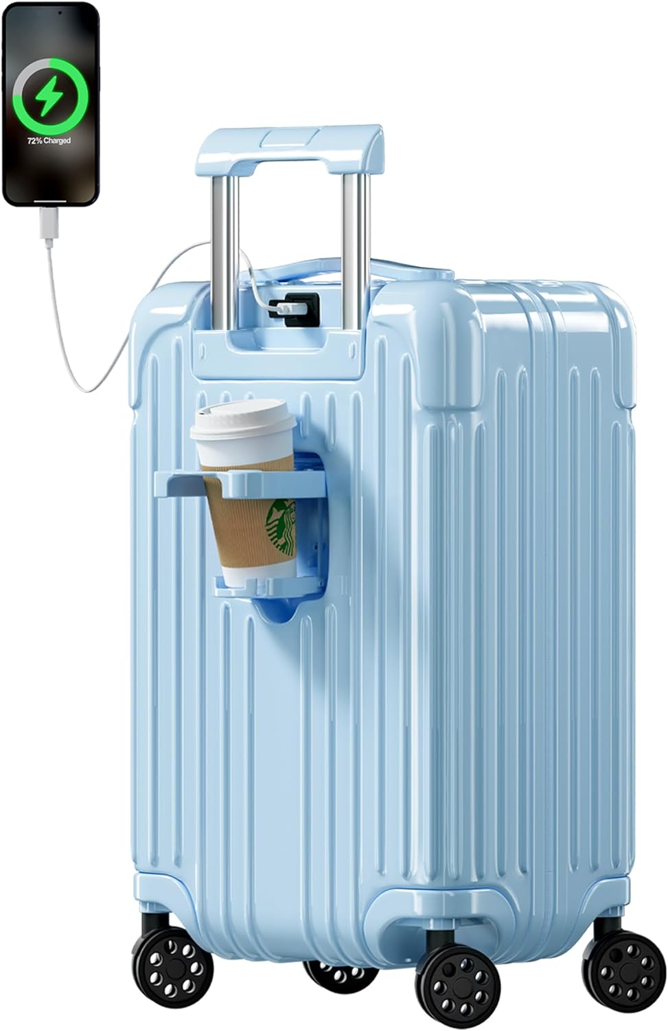 Krute Carry on Luggage 20 Inch USB Suitcases with Spinner Double Wheels Cup Holder PC+ABS Hardside Luggage with TSA Lock (LightBlue) LightBlue 20IN with Holder,USB Port