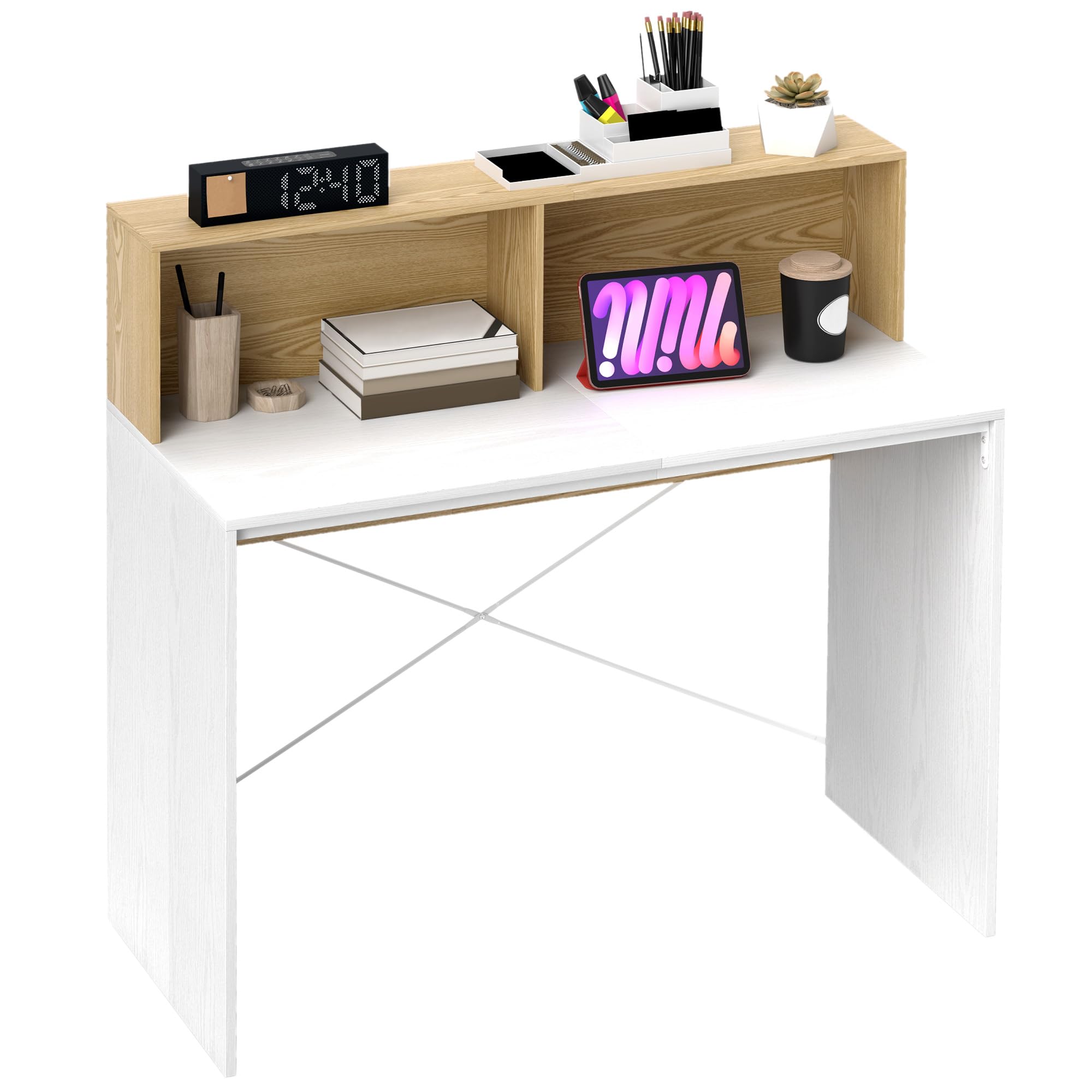 HOMCOM Escritorio con Estante, 110x50x102,6 cm Blanco y Madera Natural
