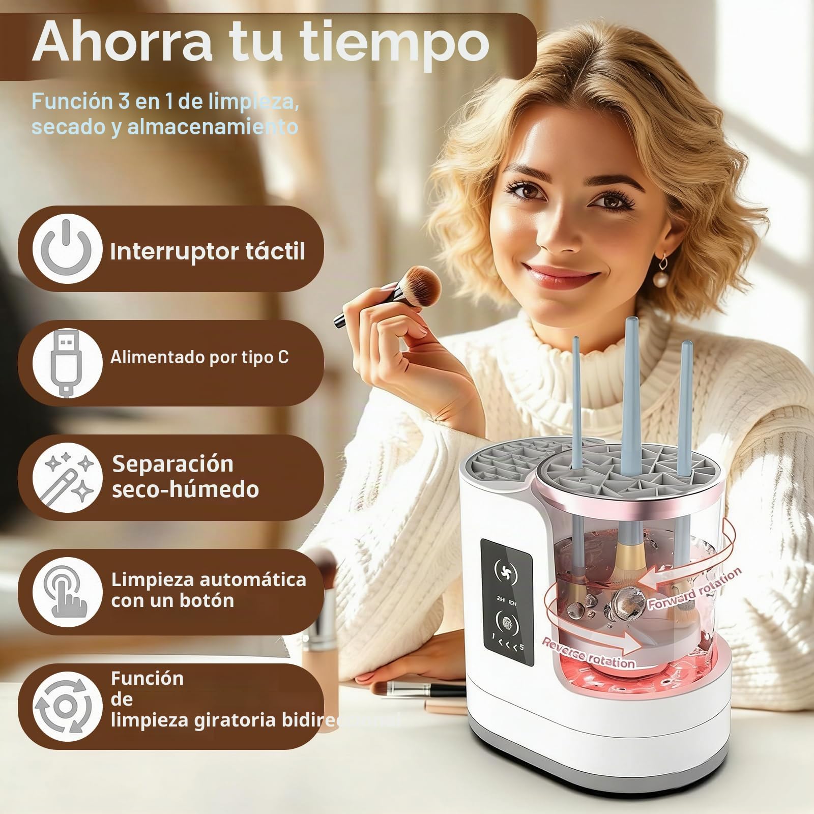 Limpiador 3 en1 Brochas Maquillaje，Máquina Limpieza Eléctrica con Secador & Soporte - Lavador Brochas Automático USB para Todas Tamaños Brochas Cosméticas & Beauty Blender, Parada Auto 5 Min
