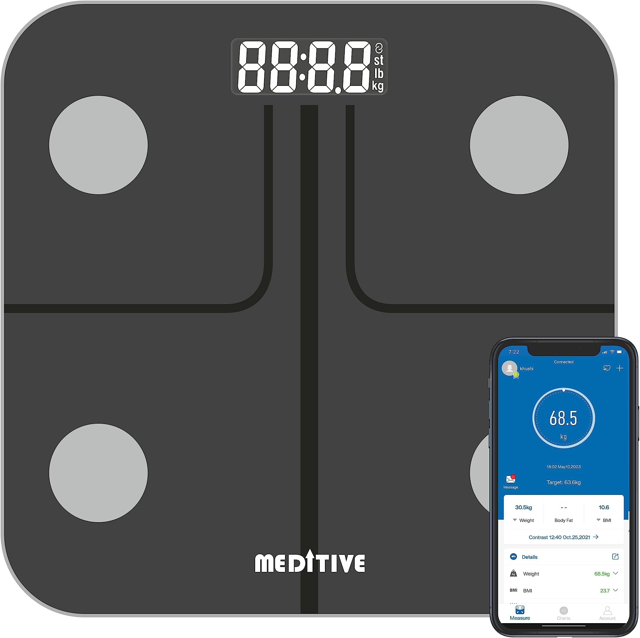MEDITIVE Bluetooth Digital BMI Weight Scale with Body Fat Analyzer and Fitness Body Composition Monitor, with Mobile App