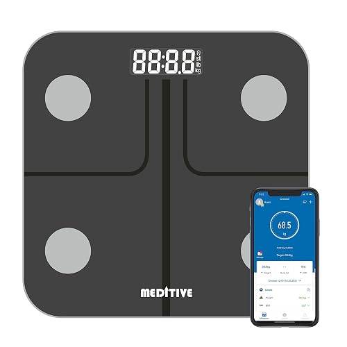 MEDITIVE Bluetooth Digital BMI Weight Scale with Body Fat Analyzer and Fitness Body Composition Monitor, with Mobile App, 180 KG, and 18 Parameters