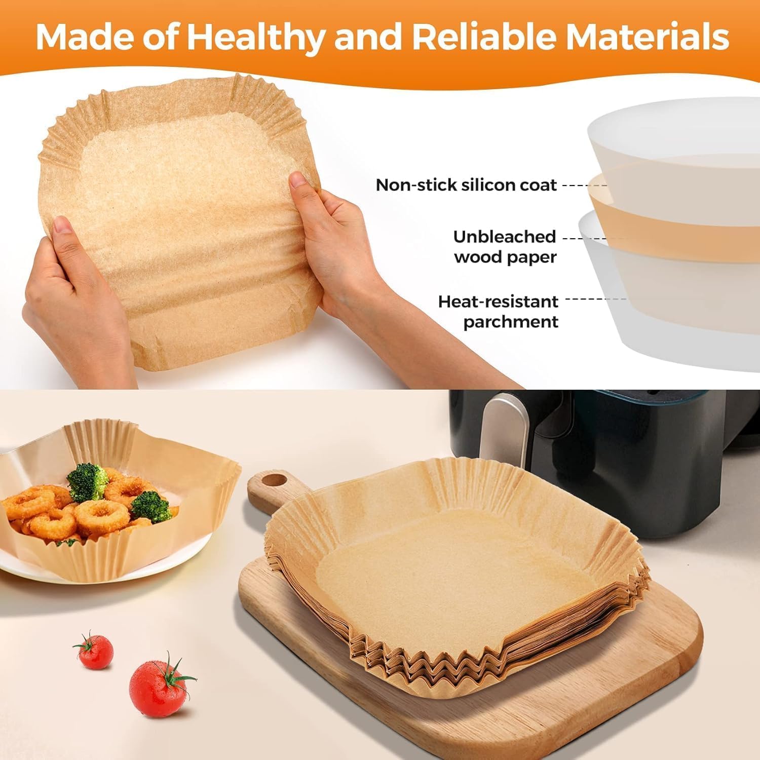 Air Fryer Disposable Standard Paper Liners: 100Pcs Oil Proof Parchment Sheets, Airfryer Paper Basket Bowl Liner for Baking Cooking Food (Square)