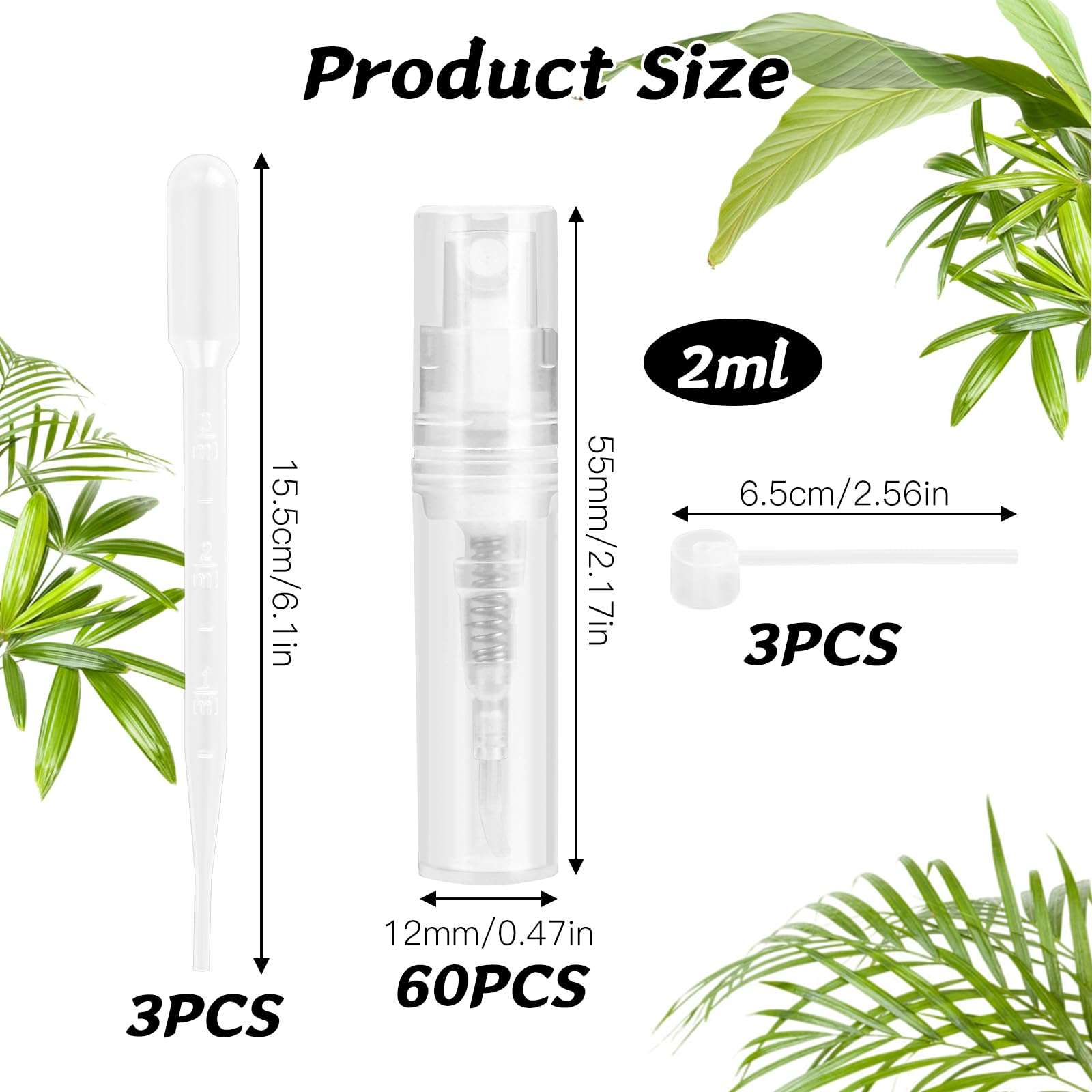 60 sztuk mini rozpylaczy do perfum, 2 ml, do ponownego napełnienia, pusty rozpylacz perfum w podróży, przezroczysty, mini butelka z rozpylaczem z pipetami i głowicą dociskową do perfum,