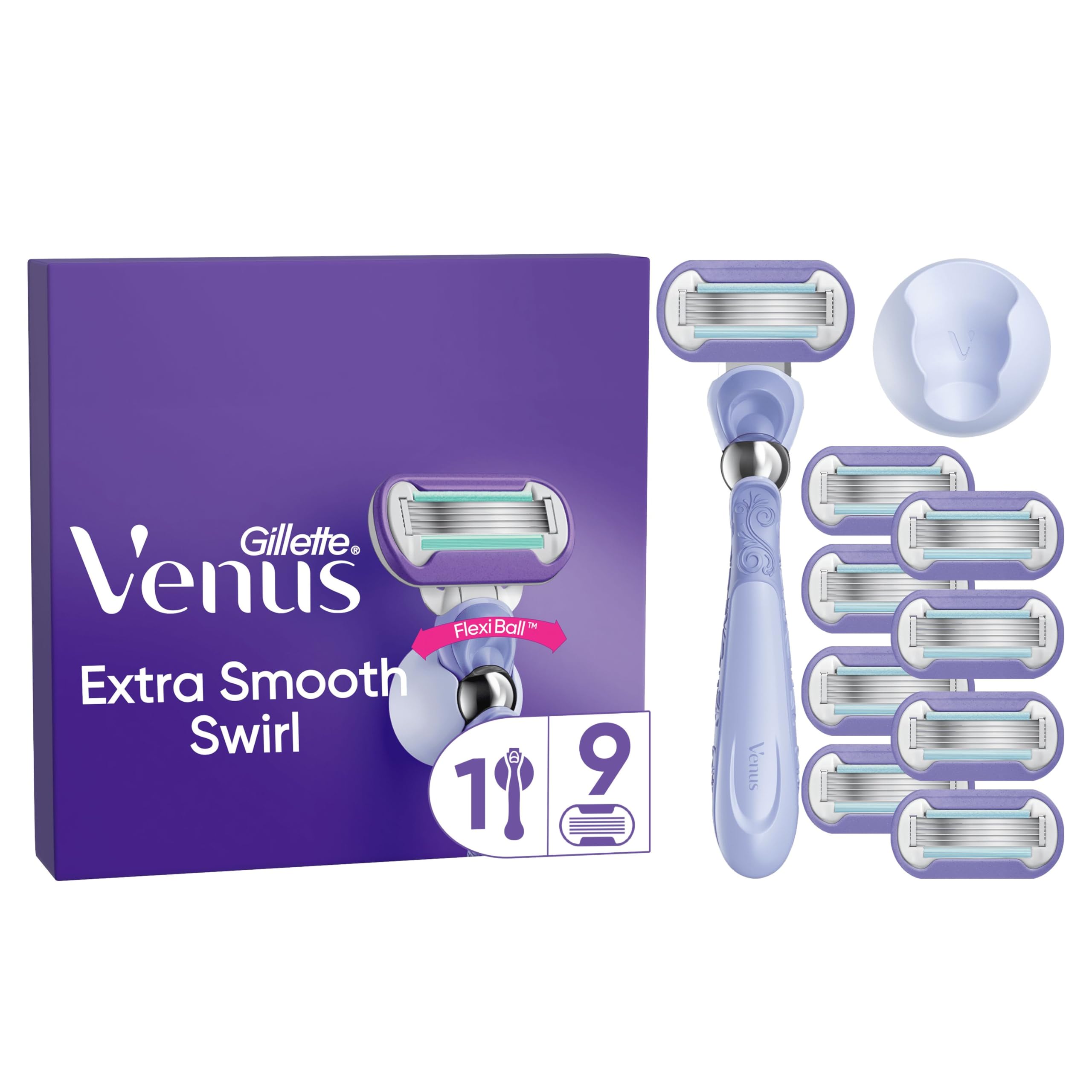 Gillette Venus Extra Smooth Swirl Women's Razor + 9 Razor Blade Refills, 5 durable blades to deliver an extra smooth shave that lasts