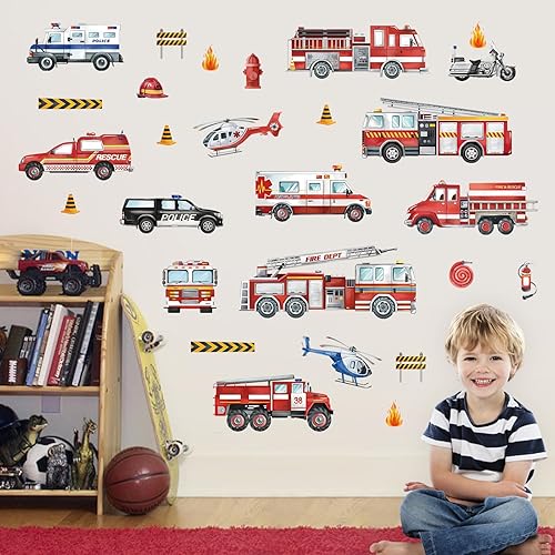 Miniatura 3 de decalmile Calcomanías de pared para vehículos de transporte, coches, vehículos, camiones de bomberos, calcomanías de pared, para habitación de bebé,