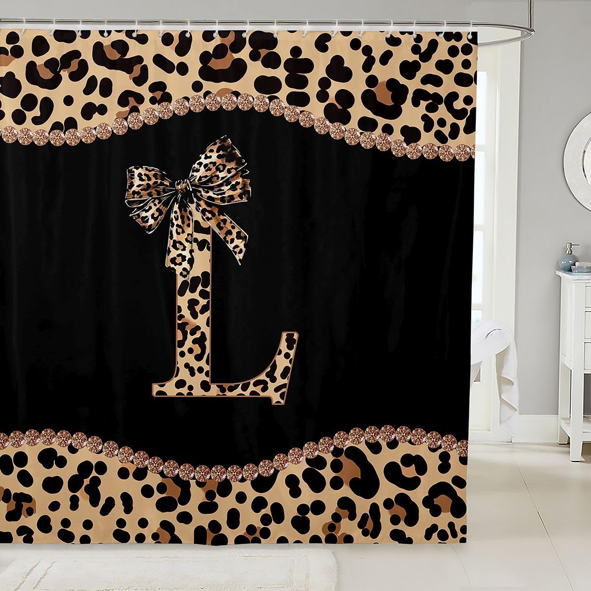 Leopard Print Bow Shower Curtain with Letter Initial L | Coquette Cheetah Bow Bath Curtain Modern Trendy Fashion Bathroom Accessories Teen Girl Alphabet Cheetah Print Fabric Shower Curtains,72"Wx78"L