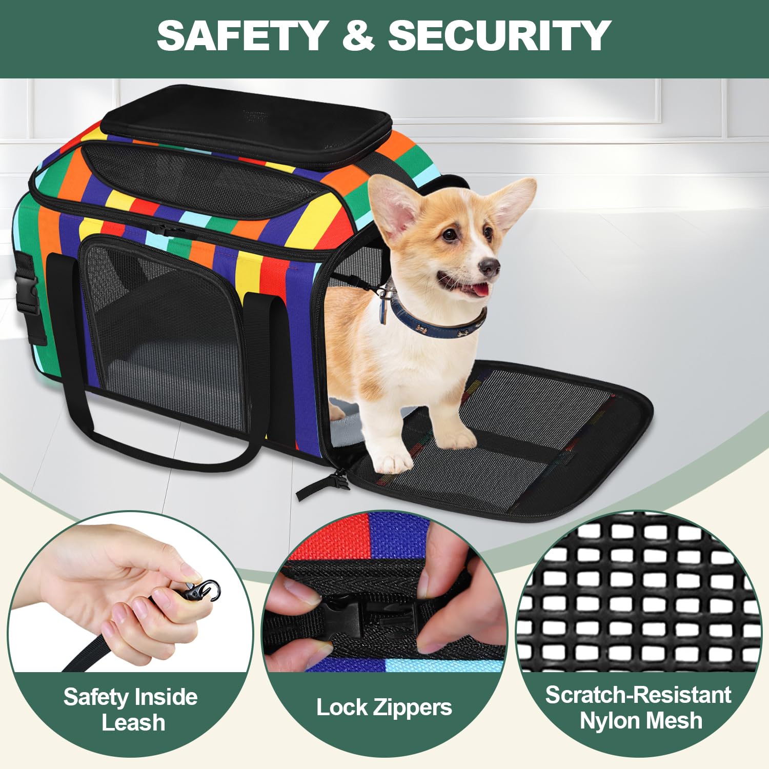 17x11x9.5 Inches Top-Expandable Pet Carrier Alaska Airline Approved, Soft Sided Carrier for Small Dog, Cat with 5-Sides Mesh Windows and Locking Safety Zippers(Rainbow) - image 6