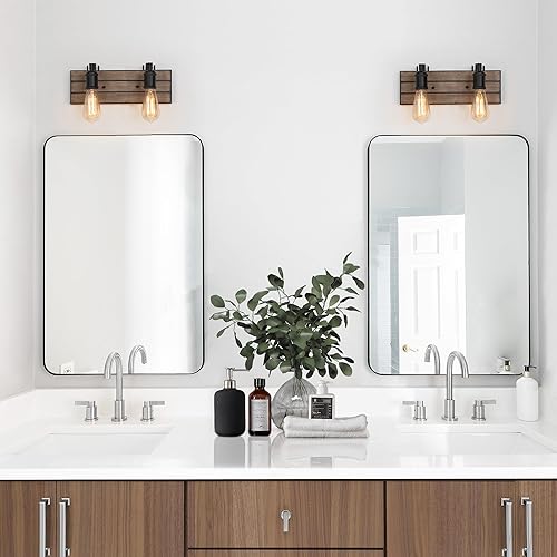 Miniatura 10 de LOG BARN Lámparas de baño, 3 luces de tocador de granja para baño, luces rústicas de madera sintética para baño, luces de iluminación sobre espejo