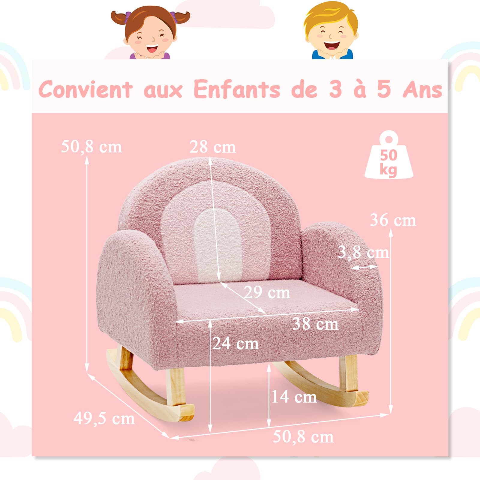 COSTWAY Fauteuil à Bascule Enfant en Peluche avec Dossier & Accoudoirs Confortable, Chaise à Bascule en Bois avec Joli Motif Arc-en-Ciel, Charge 50kg pour Garçon Fille de 3-5 Ans
