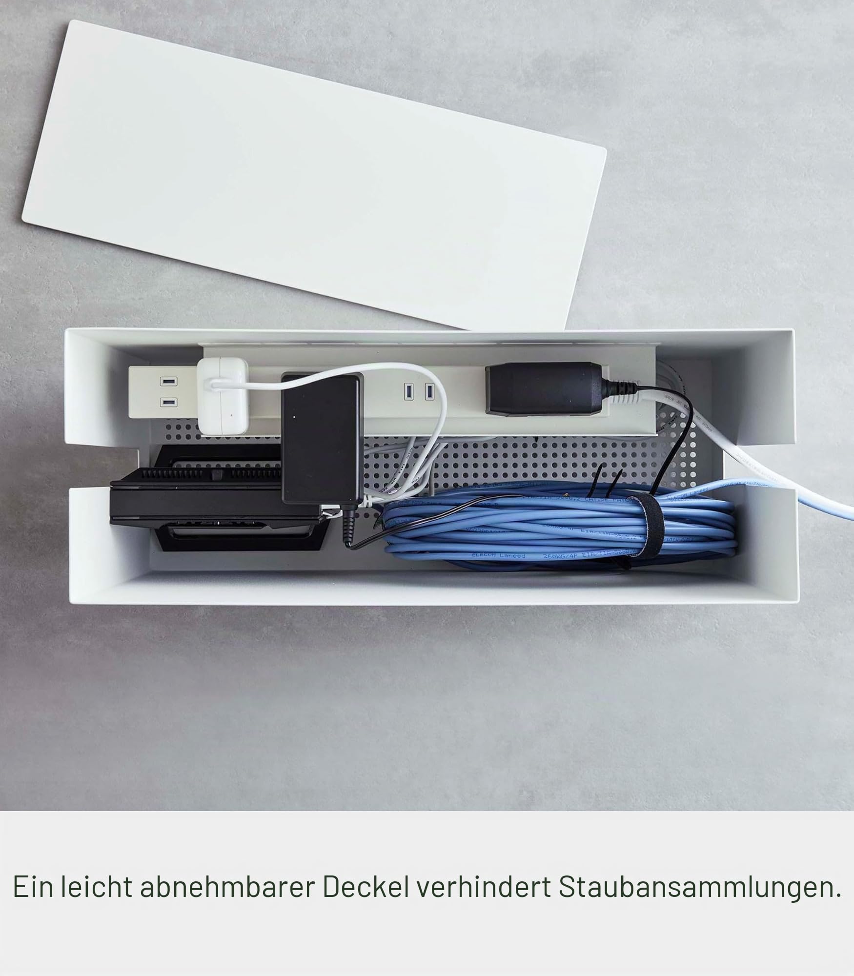 YAMAZAKI TOWER Kabelbox mit Rollen aus Stahl - mit Belüftungslöcher, Ablage für Steckdosenleiste - 40 x 15 x 34,5 cm, japanisches Design, weiß