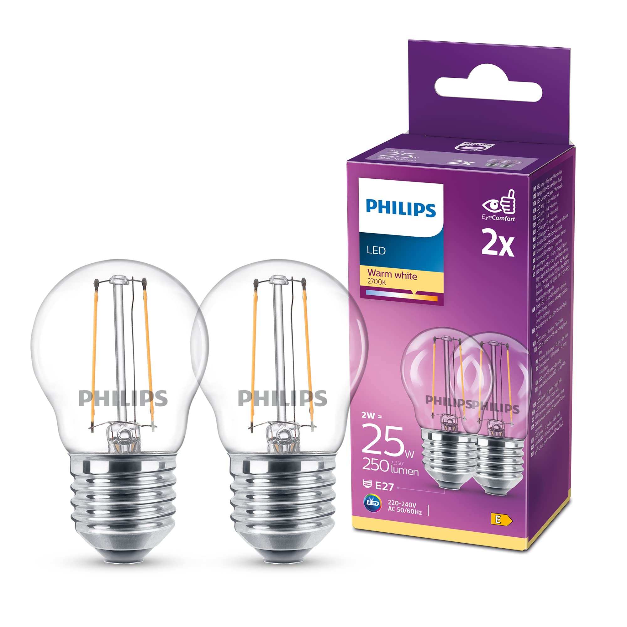 Philips Lampadina LED Sfera Filamento, 2 Pezzi, Equivalente a 25W, Attacco E27, Luce Bianca Calda, non Dimmerabile
