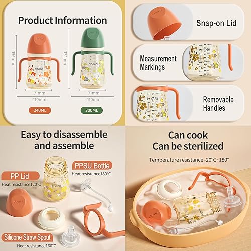 Miniatura 8 de PPSU - Tazas para beber sin derrames, botella de agua con popote con peso con asa, vaso a prueba de derrames con boquilla a prueba de fugas para