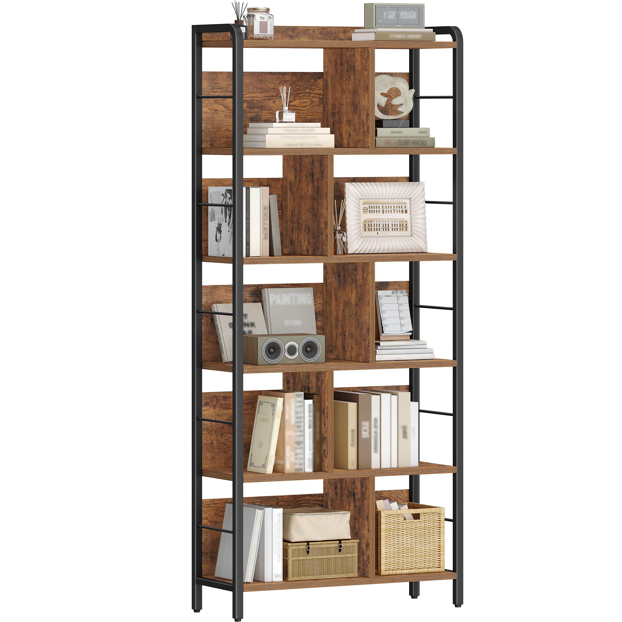 HEXCELEN Bibliothèque avec 6 Niveaux 30 x 80 x 186 cm Brun Rustique et Noir | Bibliotheque Industrielle, Étagère de Rangement, Étagère Ouverte, pour Bureau, Salon Industriel
