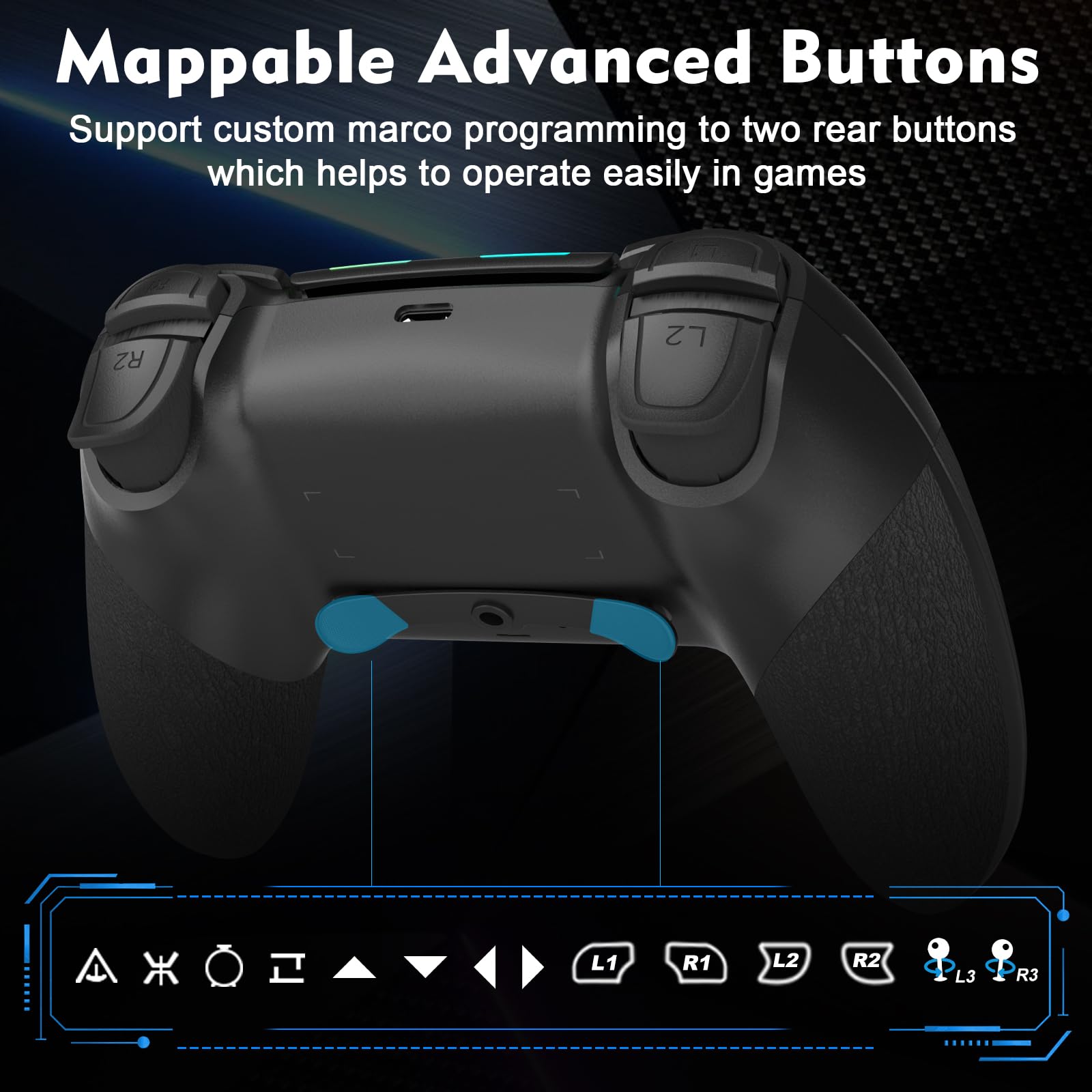 Tefelan Mando para PS4, Game Mando Inalámbrico para P4/Slim/Pro Gamepad Joystick con Turbo, Programable Botón, Dual Vibración, 6 Axis Gyro Sensor, Touch Panel, Audio Jack Speaker-Negro