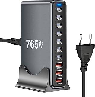 765W Caricatore USB Multiplo - 10 Porte (7 USB-C + 3 USB-A) con Ricarica Rapida, Stazione di Ricarica Compatta per Multi Dispositivi, Compatibile con MacBook, iPad, iPhone 16/15/14, Galaxy S22/S20