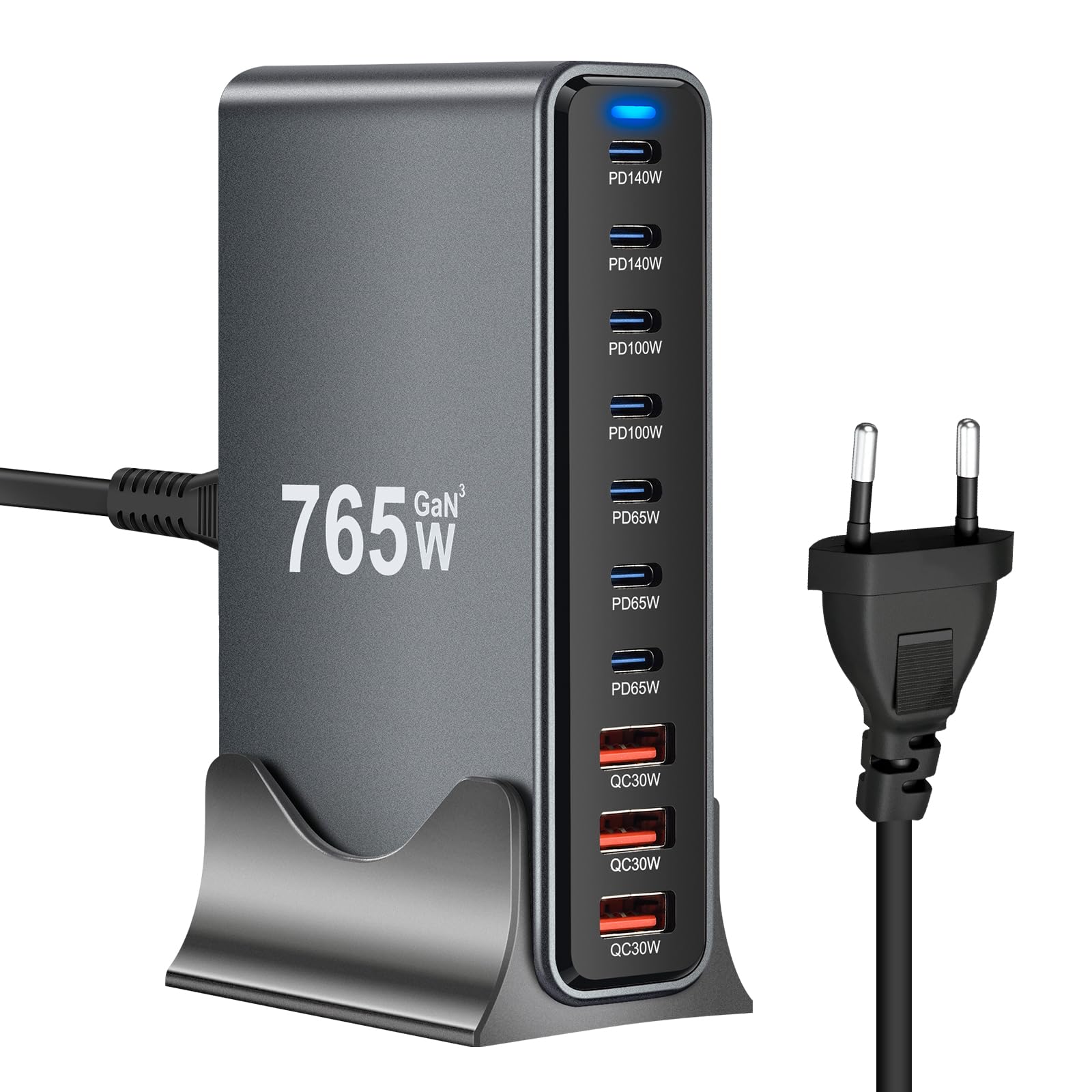 765W Caricatore USB Multiplo - 10 Porte (7 USB-C + 3 USB-A) con Ricarica Rapida, Stazione di Ricarica Compatta per Multi Dispositivi, Compatibile con MacBook, iPad, iPhone 16/15/14, Galaxy S22/S20