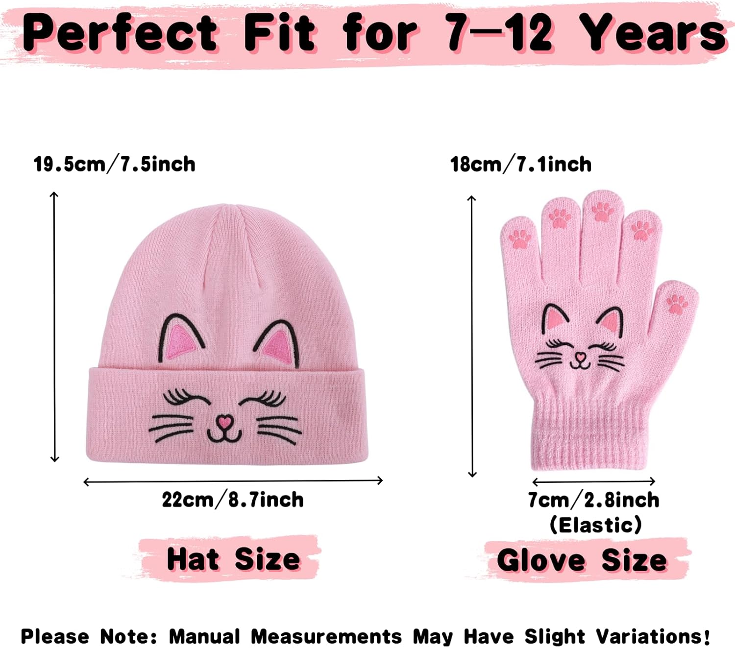BEARAE Girls Winter Hat with Glove, Cute Cat Kids Winter Beanie Hats Gloves Set, Knitted Beanies Hats for Girls Kids 7-12T - Image 3