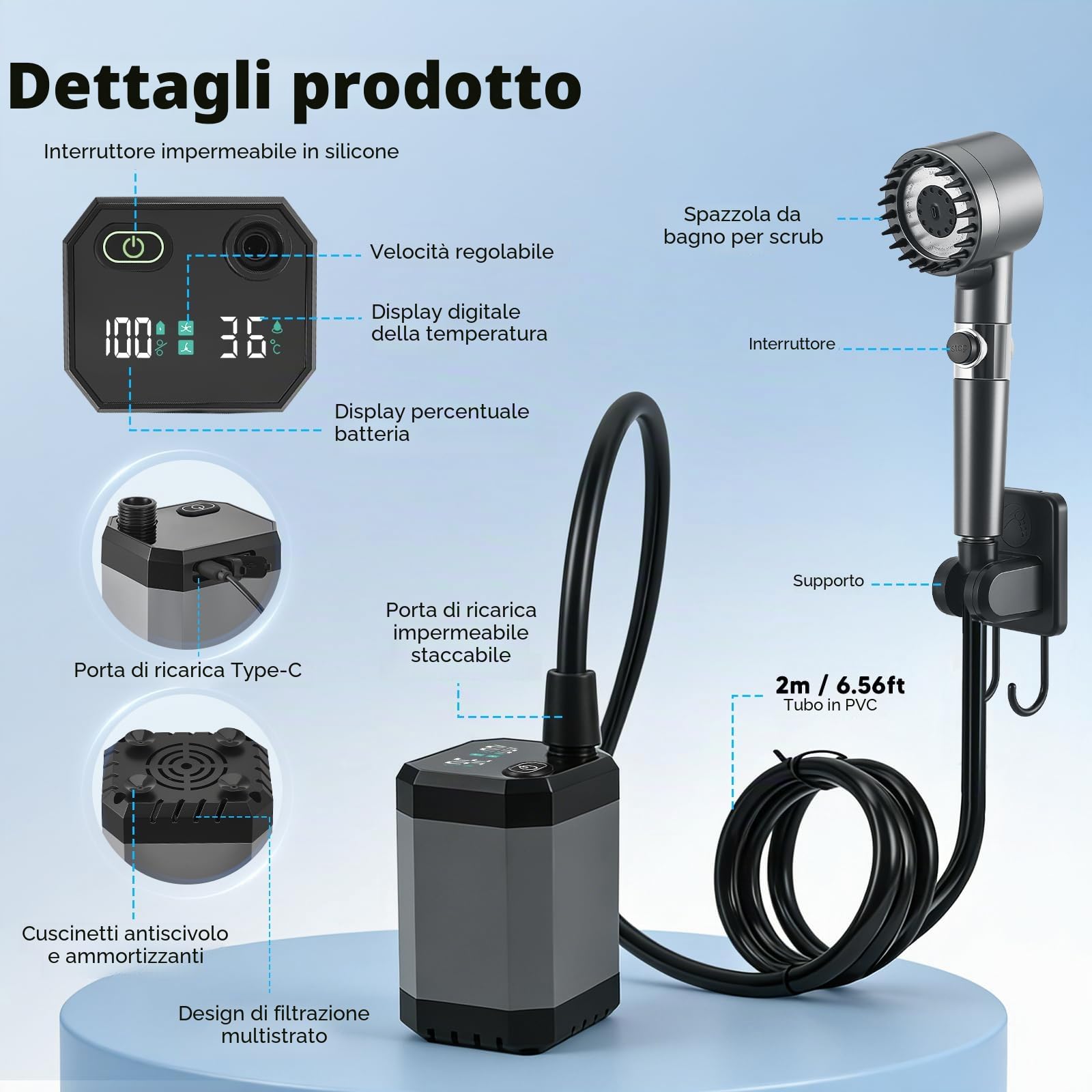 Doccia Da Campeggio, Con Secchio Pieghevole 20L, 8000 Mah Doccia Ricaricabile Portatile, Impermeabile Ipx7, Con Display Digitale Intelligente Per Spiaggia Giardino Lavaggio Auto
