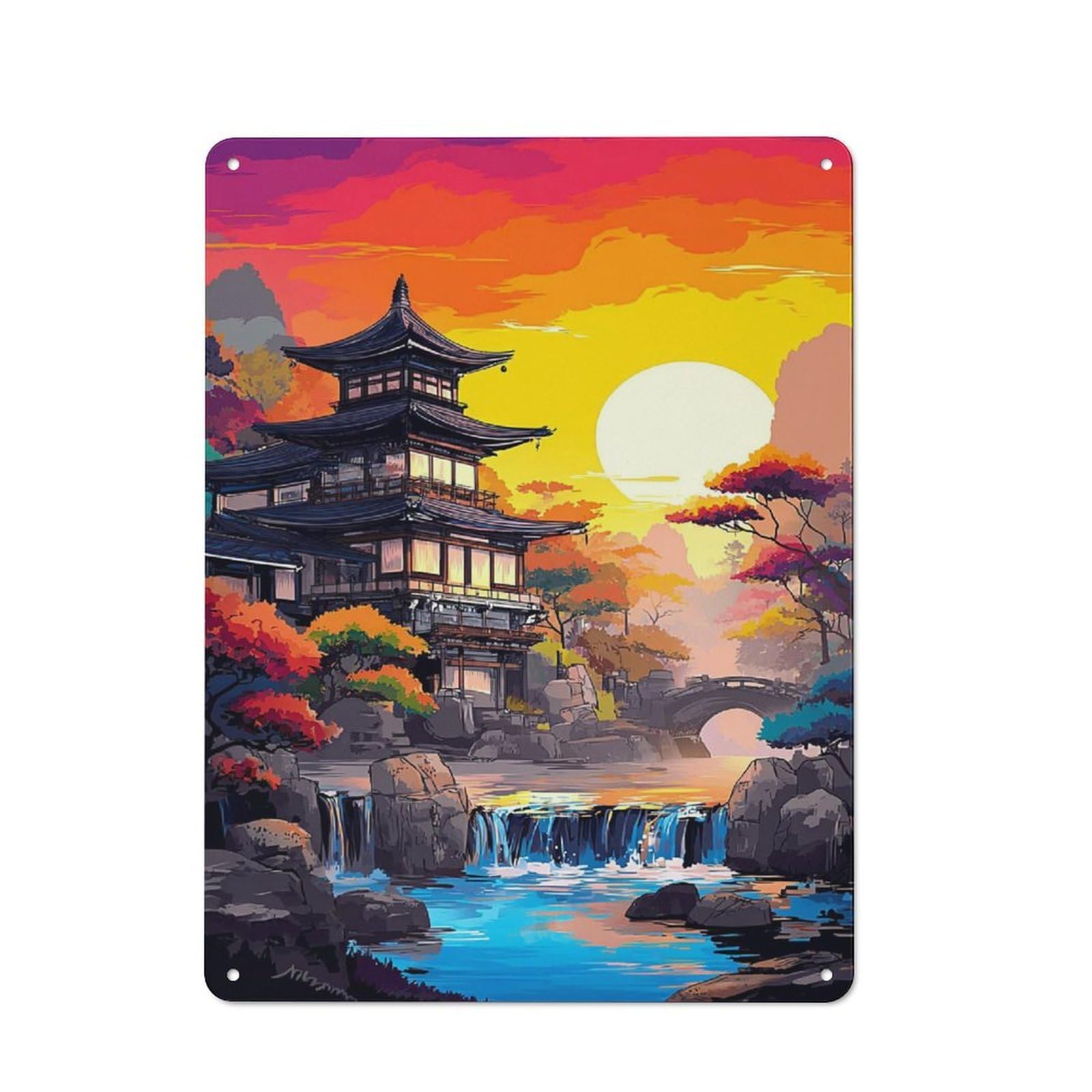 Classic Metal Plaque 40x30cm Featuring Japanese Pagoda Sunset Serenity, Bistro Wall Plaque for Kitchen, Cafe, Pantry Or Dining Room