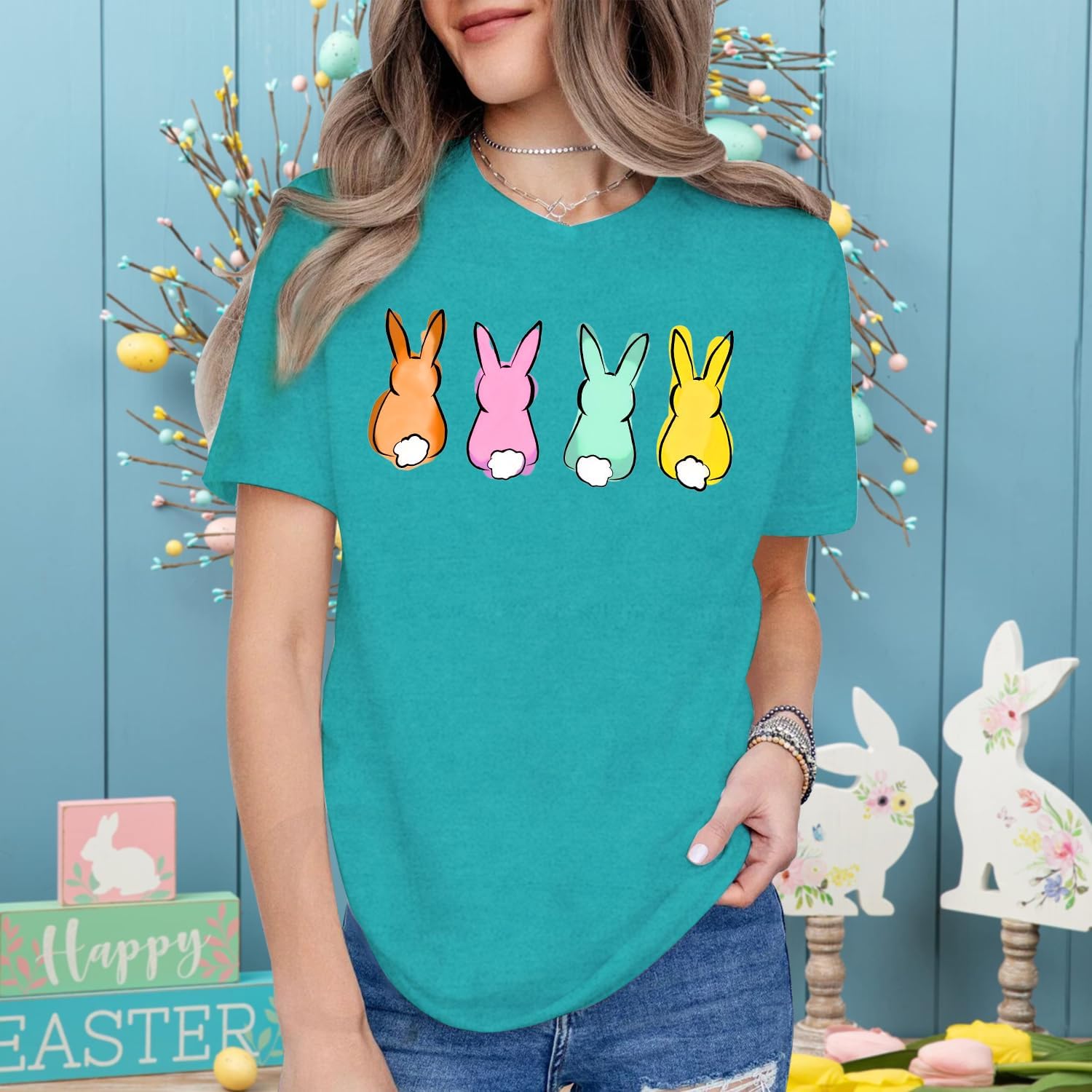 Easter Bunny Shirts for Women Happy Easter T-Shirt Cute Leopard Rabbit Face Tshirt - Image 4