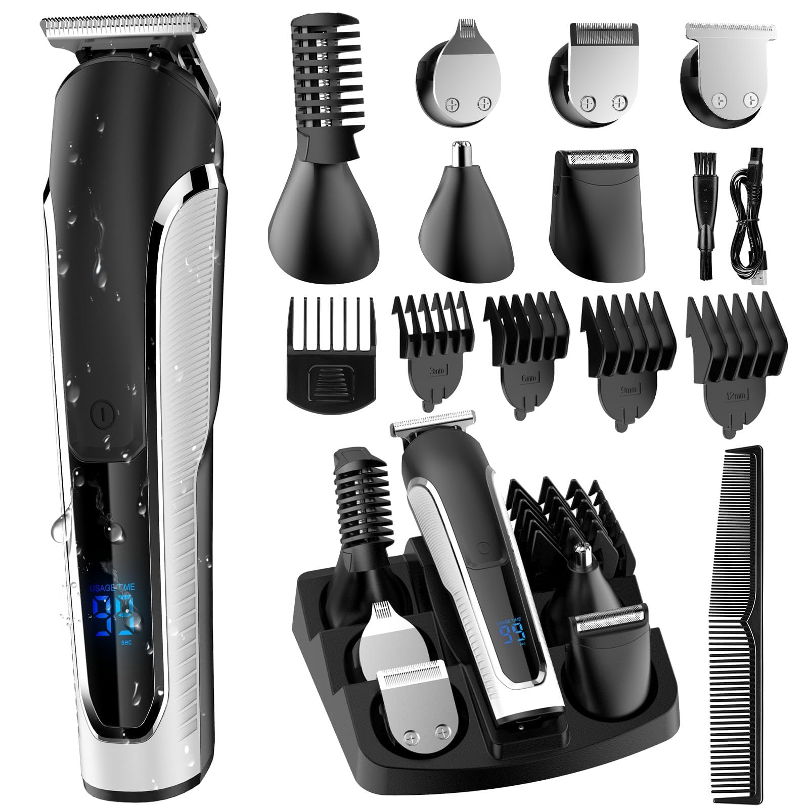 Hair Trimmer for men, Professional Beard Trimmer for men, 16-in-1 Ultimate Styling Shaver for Beard, Head, Body, Face and Nose, Rechargeable w/LED Power Display, Cordless Waterproof Hair Clipper