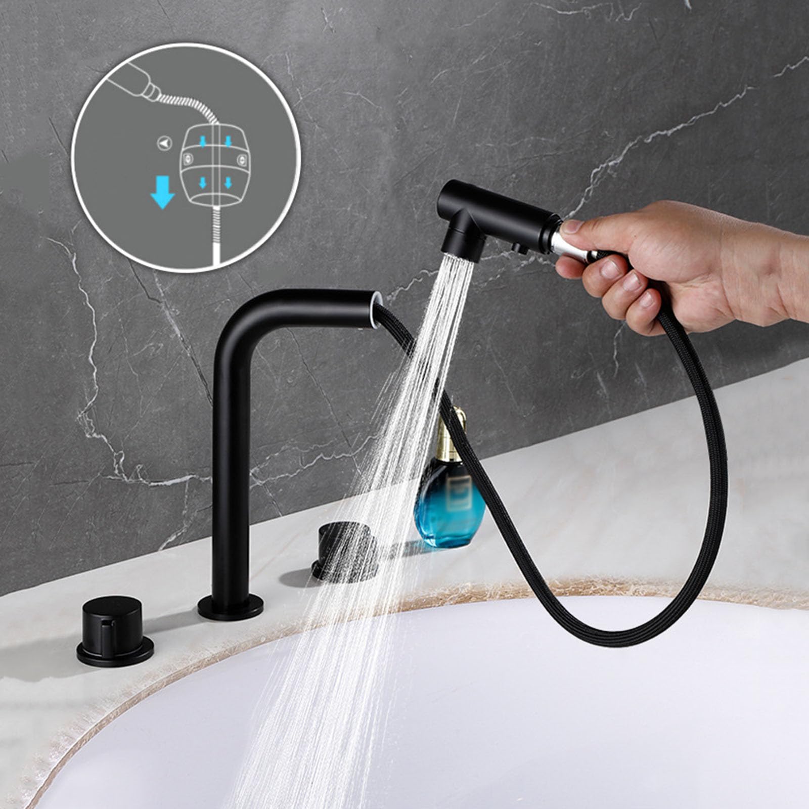 Miscelatore Lavabo Bagno 3 Fori Rubinetto con Doccetta Estraibile 2 Modalità Miscelatore Acqua Calda Fredda,cromato