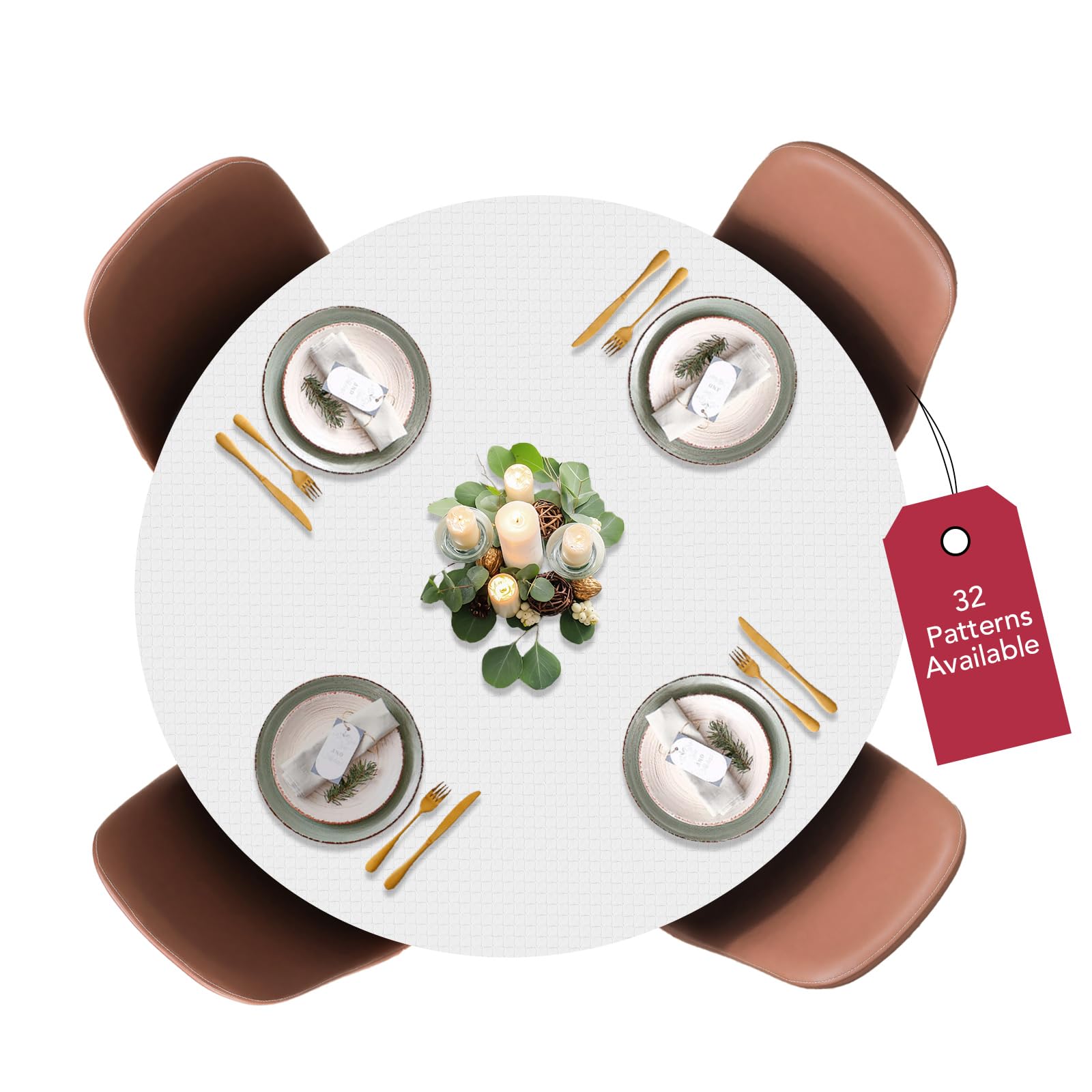 Covers For The Home Deluxe Elastic Edged Flannel Backed Vinyl Fitted Table Cover - Quilted White Pattern - Small Round Oblong Oval - Fits Tables up to 40" - 44" Diameter