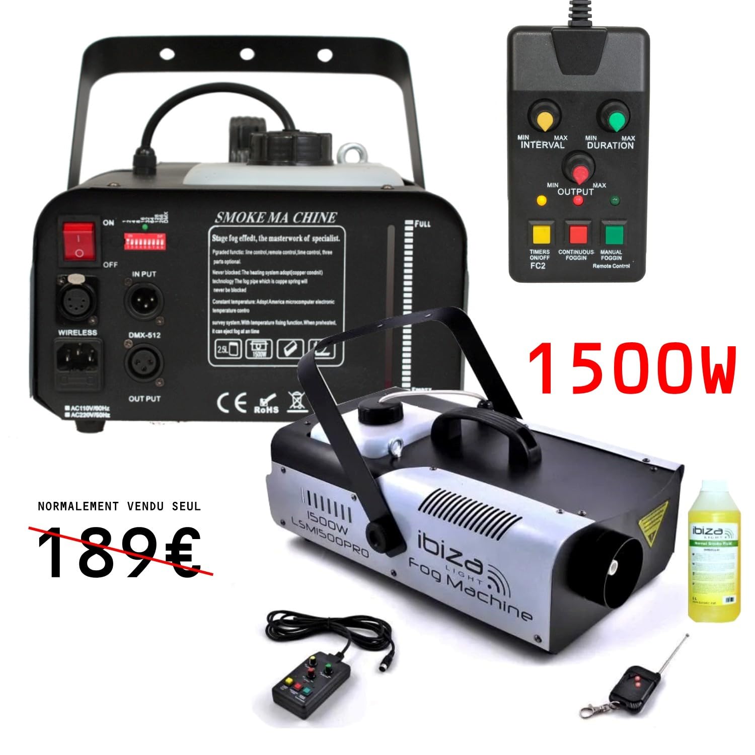 Ibiza - Macchina per fumo PRO programmabile Club DJ Sono DMX 1500W LSM1500PRO + gancio di fissaggio
