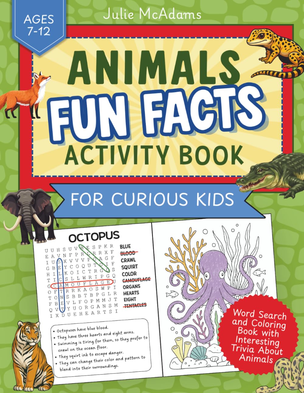 Animals Fun Facts Activity Book For Curious Kids: Word Search and Coloring Book With Interesting Trivia About Animals