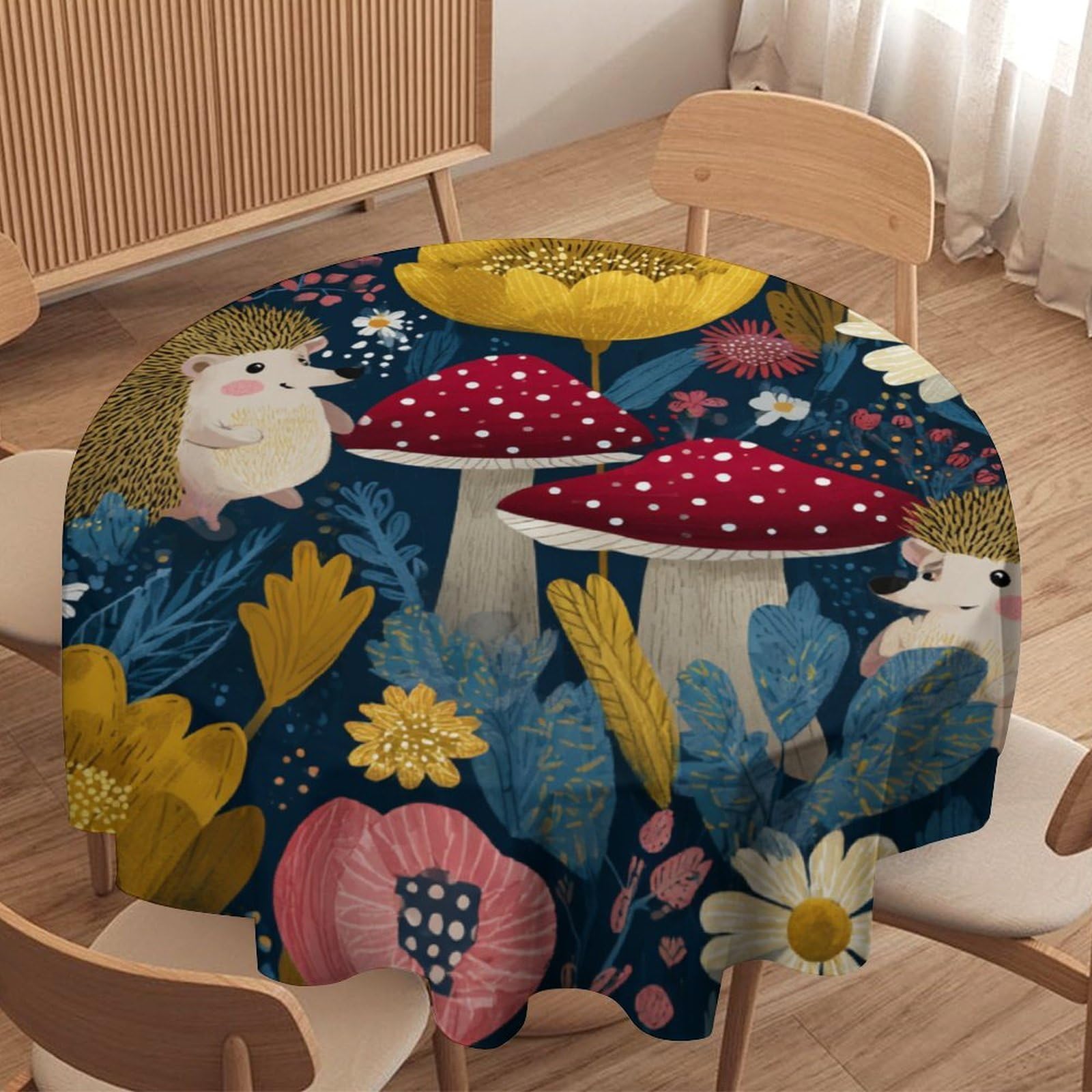 LUYYSKY Vintage Cartoon Hedgehogs Round Tablecloth Boho Oil Painting Daisies Floral Mushrooms Animals Hedgehogs Pattern Washable Decor for Table Cover for Kitchen-177.8" Wx177.8 L cm