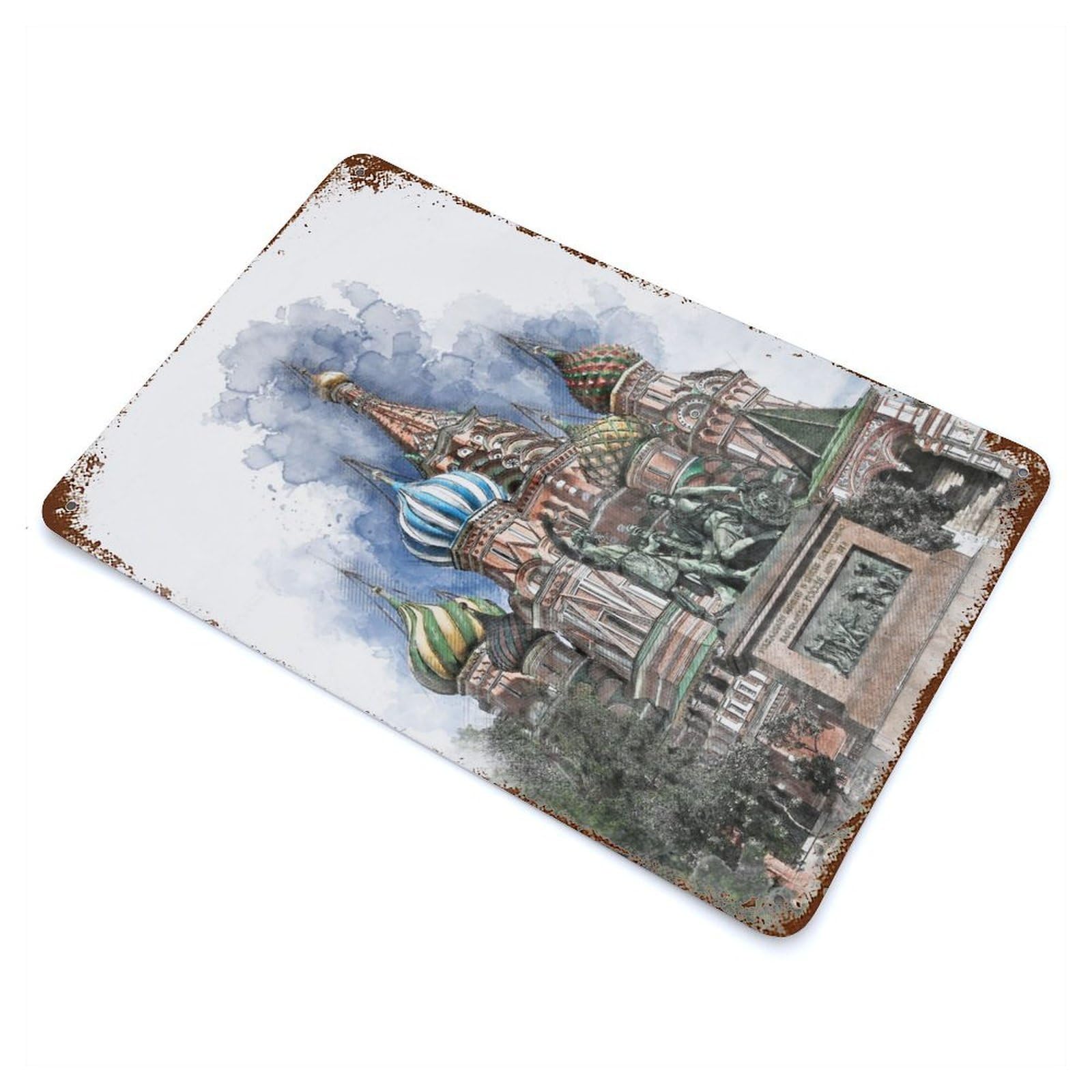 Vintage Rust Metal Sign with Saint Basils Cathedral Design 11.8"x7.9", for Patio, Garden Room And Bar Decor, Old School Wall Decor
