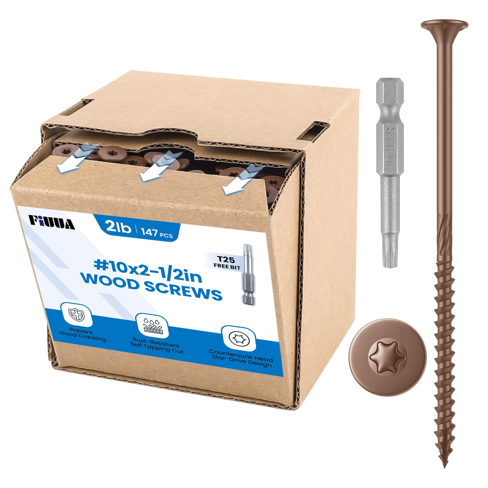 Tornillos exteriores de madera y valla con revestimiento epoxi de 2-1/2 pulgadas #10 x 2-1/2 pulgadas Torx/Star Drive incluida rosca gruesa, tornillo de cubierta resistente a la corrosión para